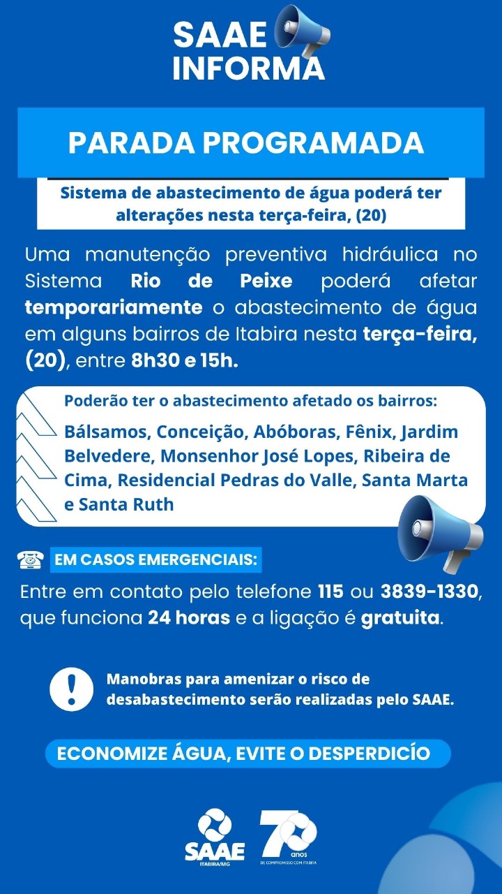 Saae realiza manutenção na ETA Rio de Peixe e pode afetar abastecimento de água em dez bairros de Itabira