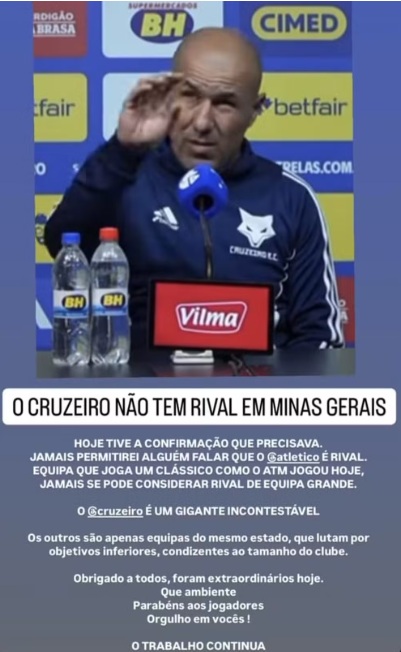 Membro da comissão de Leonardo Jardim provoca Atlético após clássico: "Cruzeiro não tem rival em Minas Gerais"