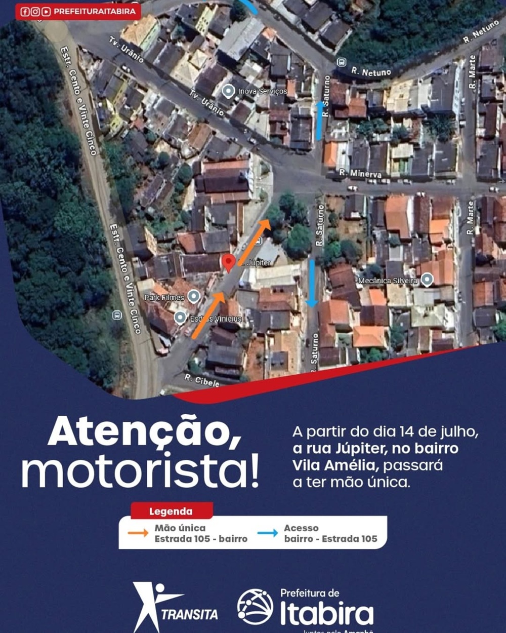 Trânsito em Itabira: ruas Júpiter, na Vila Amélia, e DW 65, no Gabiroba, terão sentido único a partir de 14 de julho