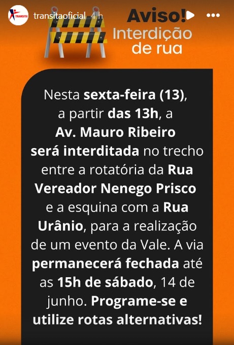 Evento da mineradora Vale interdita trecho da avenida Mauro Ribeiro nesta sexta-feira e no sábado; saiba mais