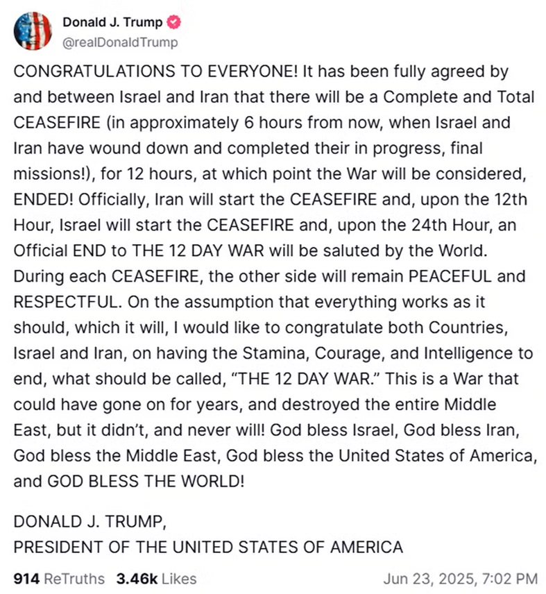 Trump anuncia cessar-fogo entre Israel e Irã e prevê fim da guerra em 24 horas