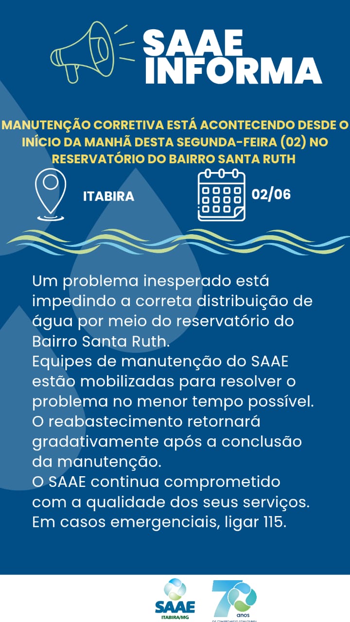 Itabira: manutenção em reservatório pode afetar abastecimento de água no Santa Ruth nesta segunda-feira