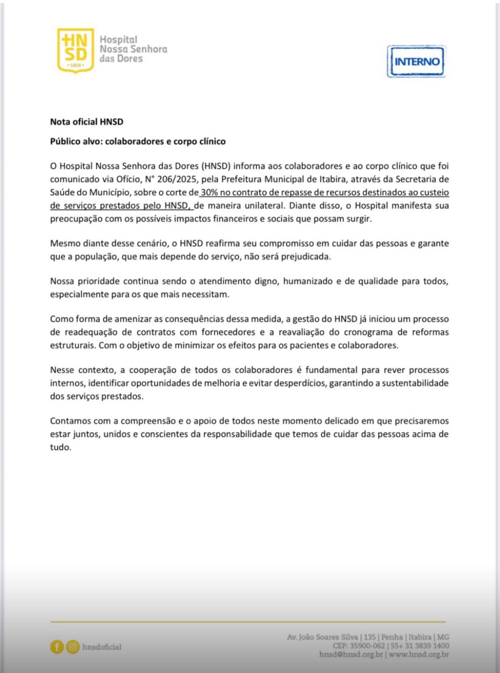 Prefeitura de Itabira reduz em 30% repasses ao HNSD