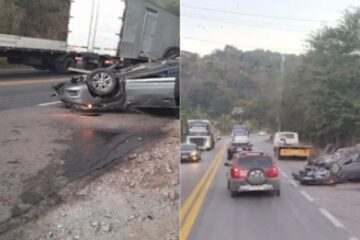 Mulher fica ferida após carro capotar na BR-381, na Grande BH