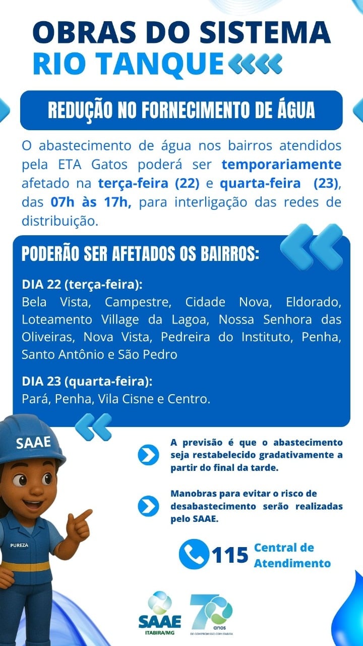 Intervenções no Sistema Rio Tanque podem afetar abastecimento de água em Itabira na terça e quarta-feira; saiba mais