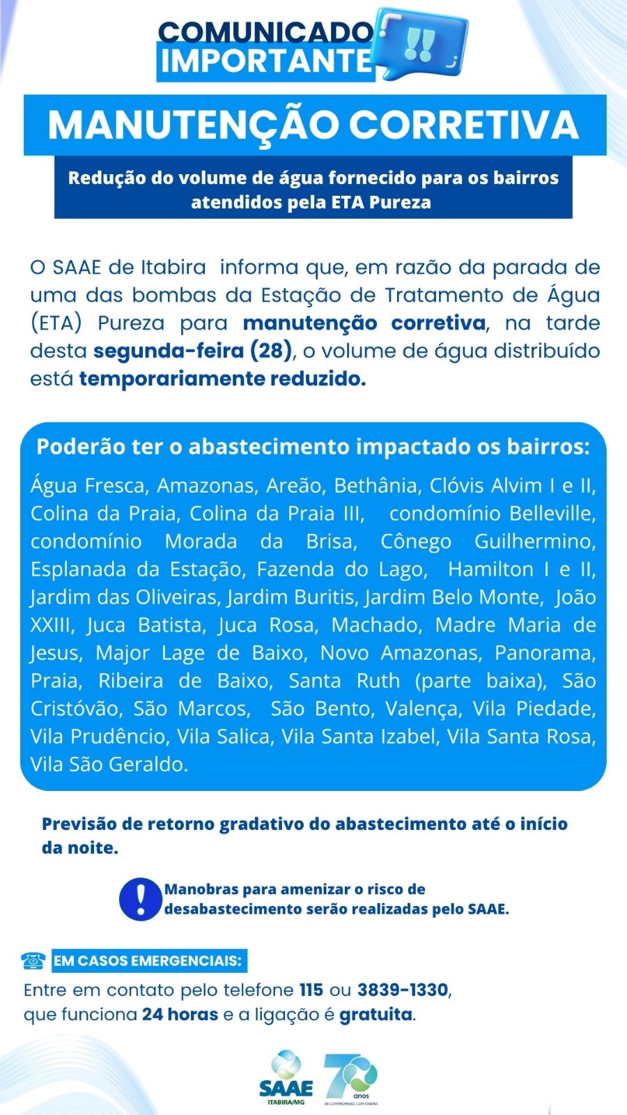Itabira: SAAE reduz temporariamente fornecimento de água para bairros atendidos pela ETA Pureza; saiba mais