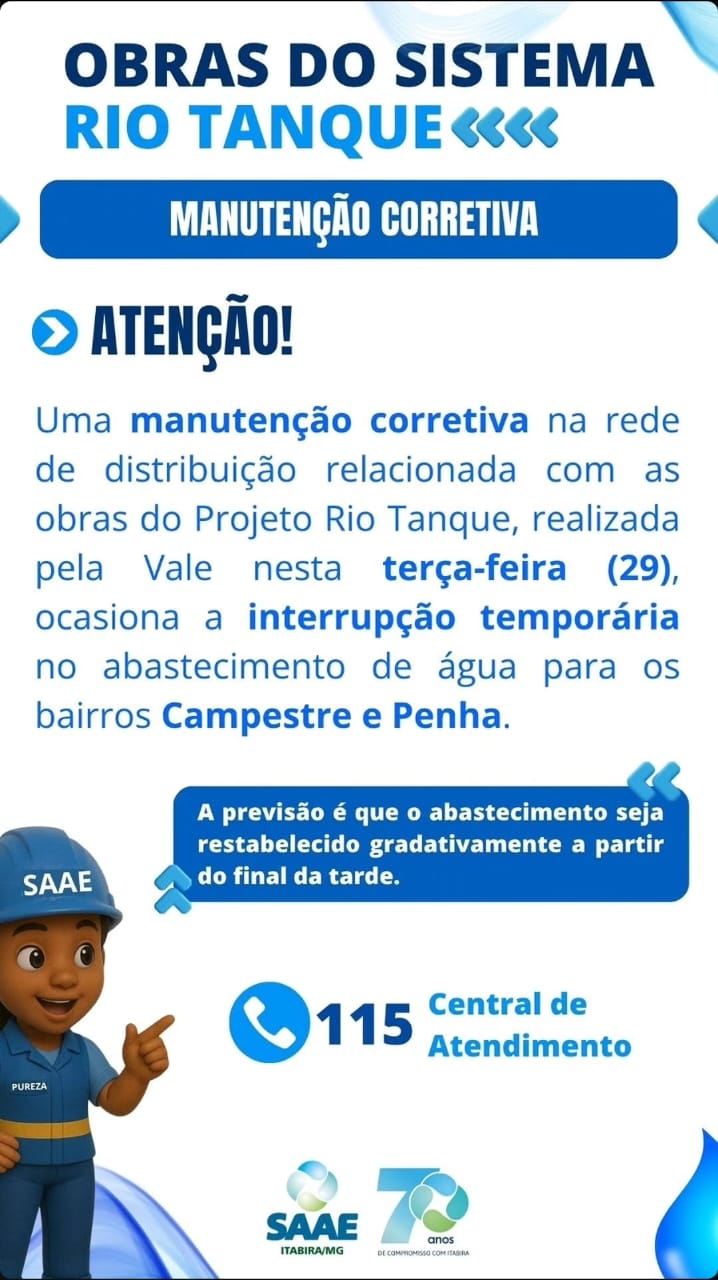 Manutenção corretiva interrompe abastecimento de água nos bairros Campestre e Penha em Itabira