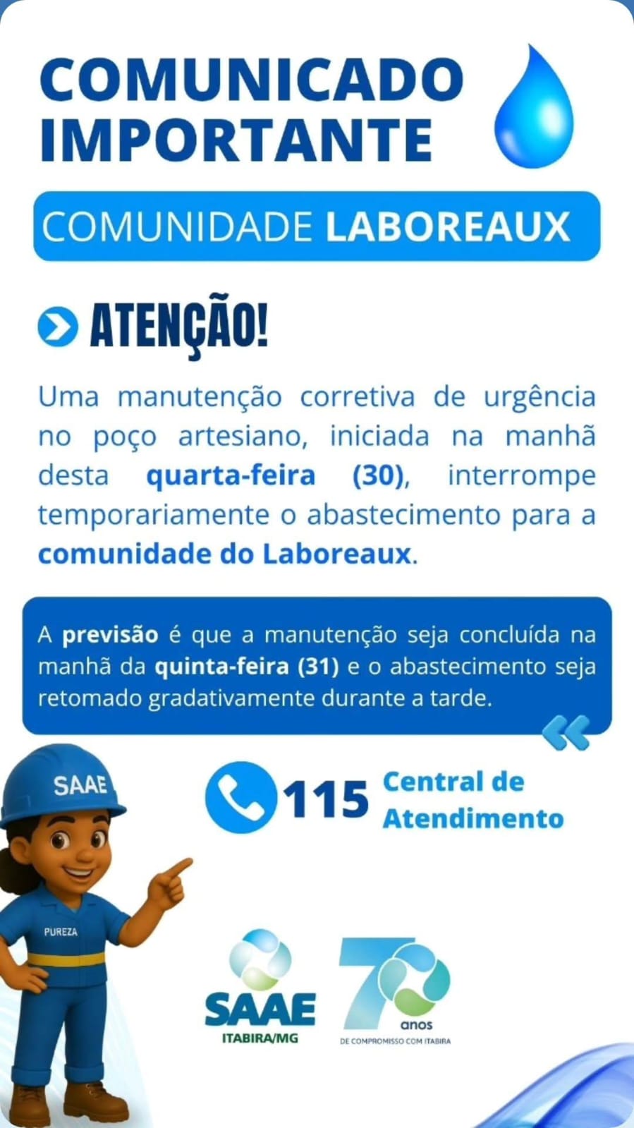 Manutenção em poço artesiano interrompe abastecimento de água na comunidade do Laboreaux, em Itabira