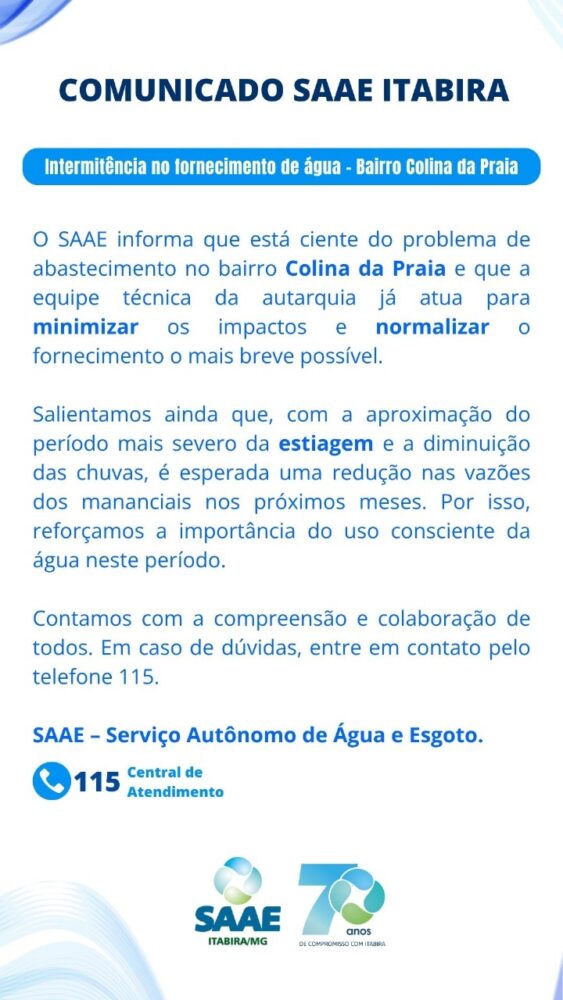 Problemas de abastecimento afetam Itabira neste sábado