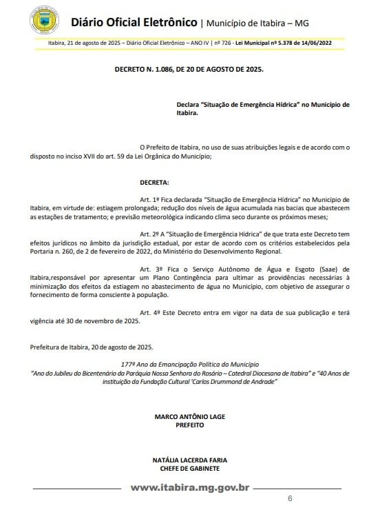 Estiagem leva Itabira a decretar situação de emergência; Saae terá que apresentar Plano de Contingência