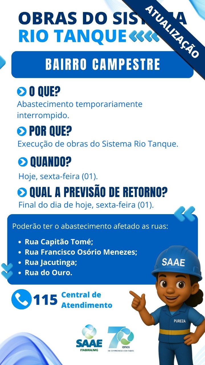 Obras do Sistema Rio Tanque interrompem abastecimento em ruas no bairro Campestre nesta sexta-feira