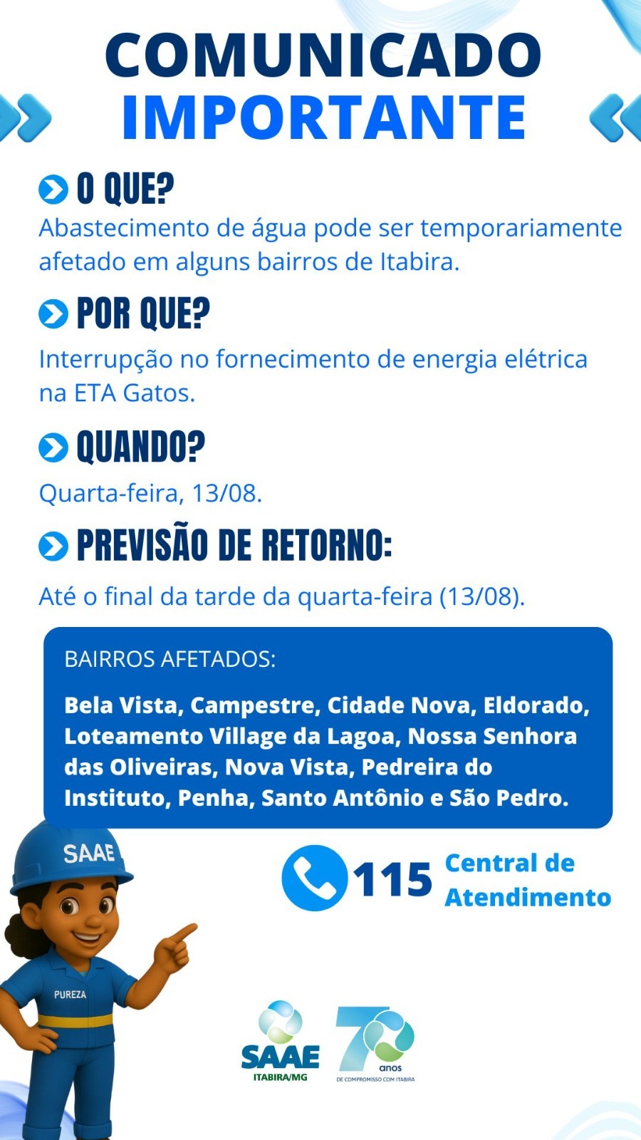 Falta de energia na ETA Gatos pode afetar abastecimento de água em 12 bairros de Itabira