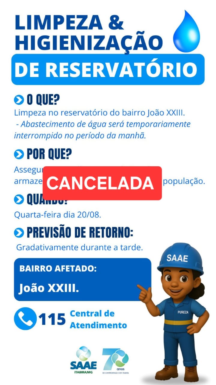 Itabira: cancelada limpeza em reservatório de água que afetaria o bairro João XXIII