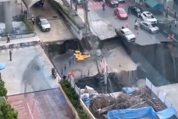 Cratera de 50 metros de profundidade se abre em avenida movimentada de Bangkok
