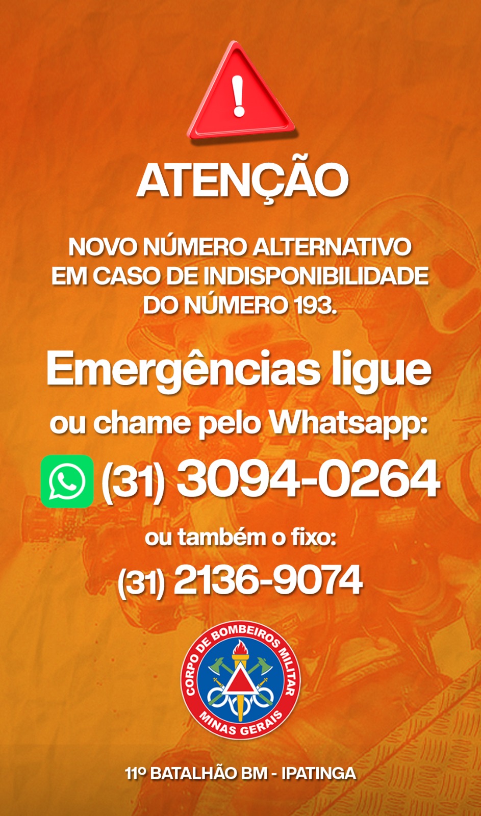 Bombeiros divulgam número alternativo para emergências na região de Itabira em caso de falha do 193