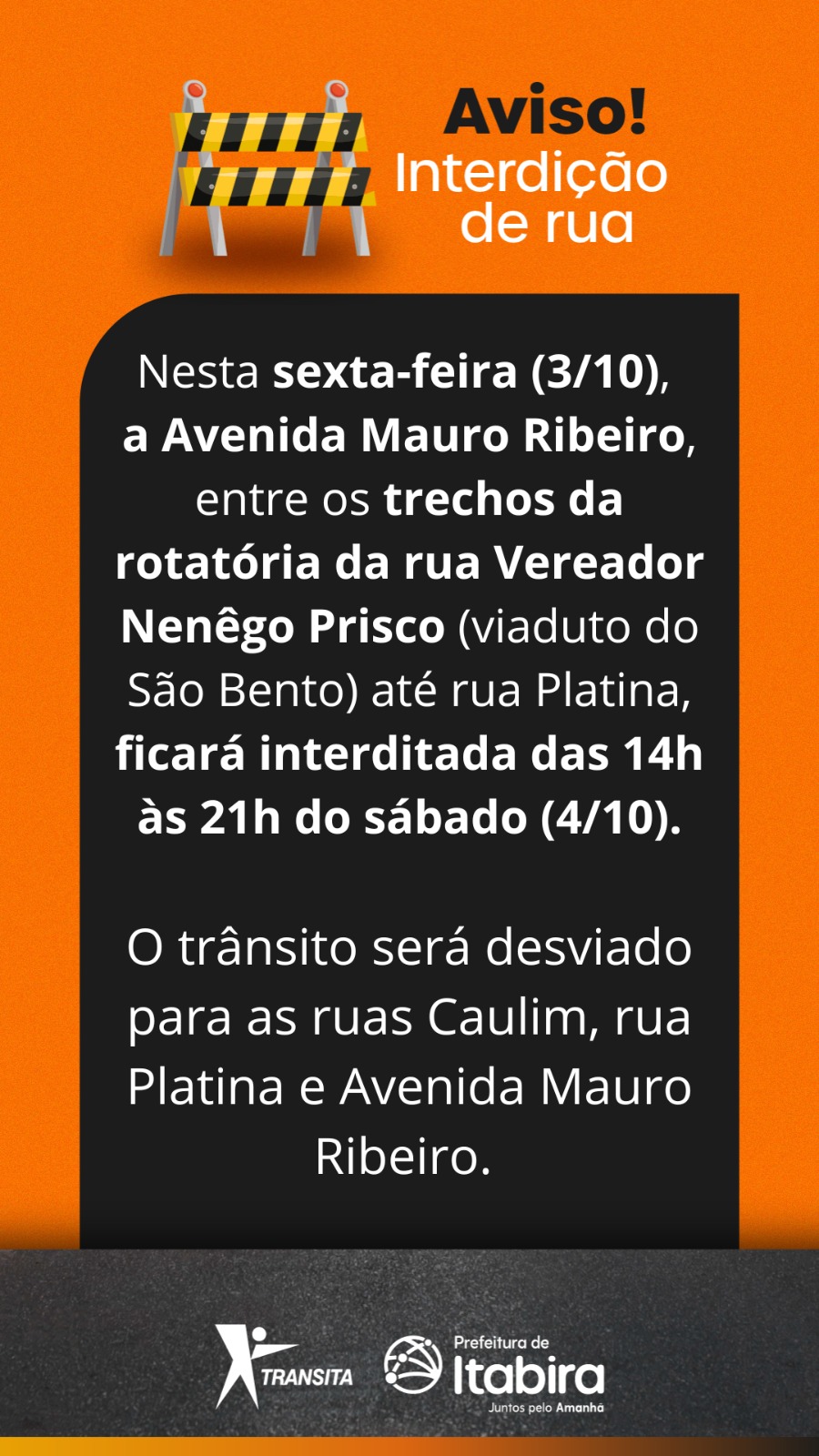 Avenida Mauro Ribeiro Lage será interditada nesta sexta-feira em Itabira; saiba mais