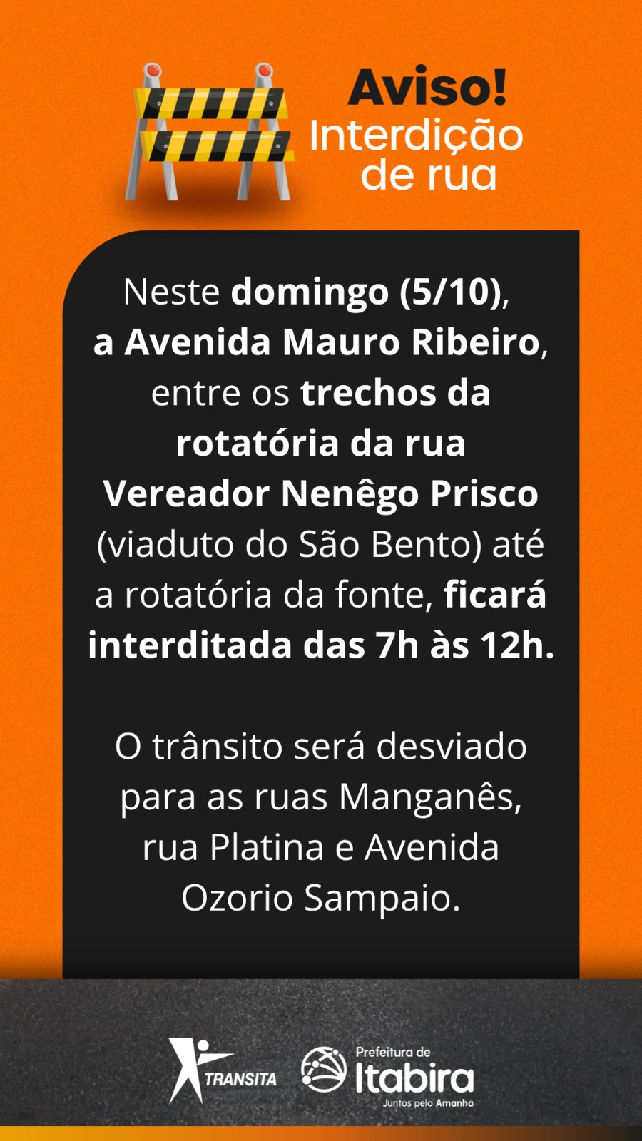 Avenida Mauro Ribeiro Lage será interditada neste domingo em Itabira; saiba mais