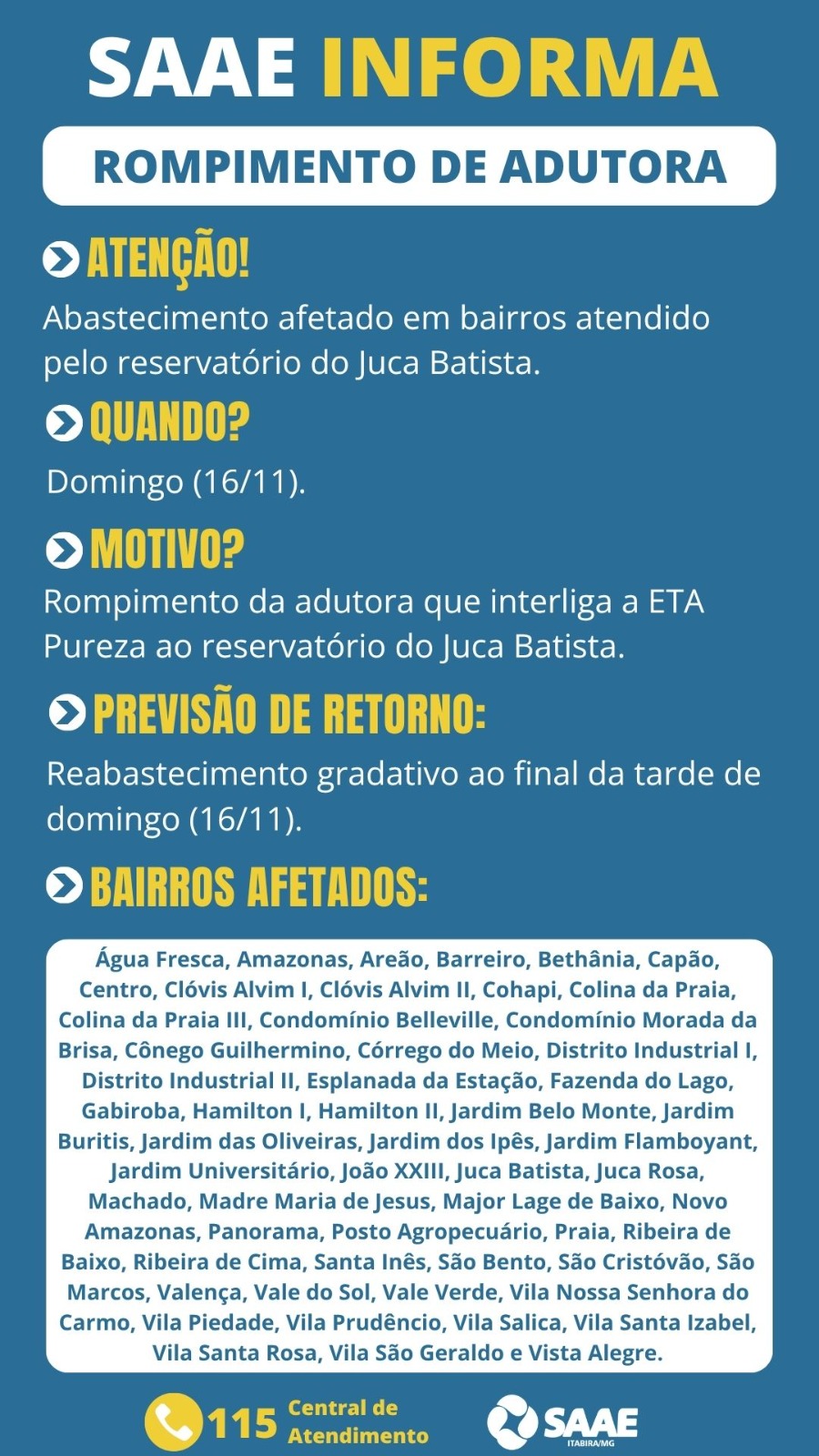 Rompimento de adutora pode comprometer abastecimento de água em vários bairros de Itabira neste domingo