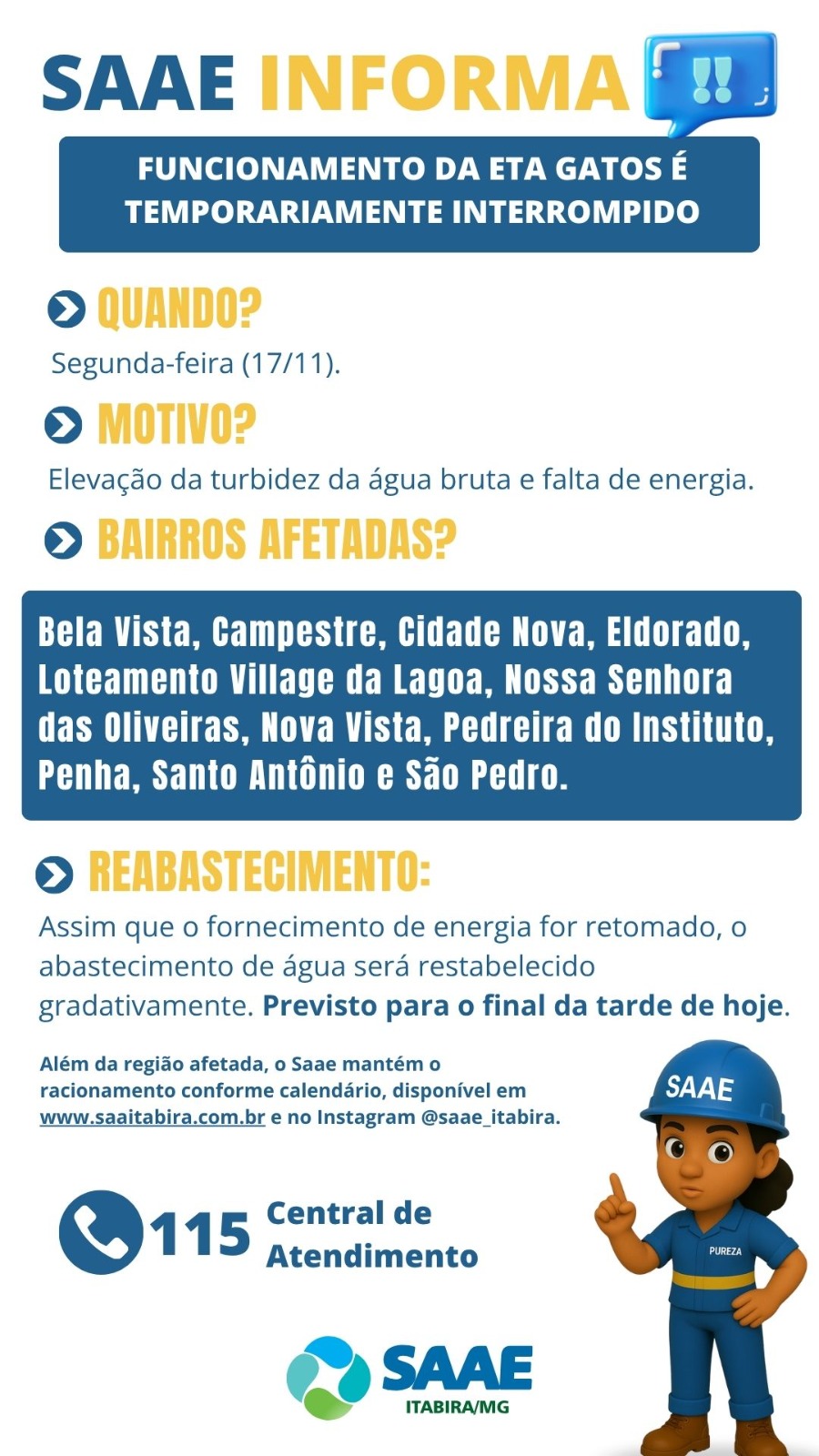Turbidez da água e falta de energia interrompem operação da ETA Gatos e afetam abastecimento de água em Itabira