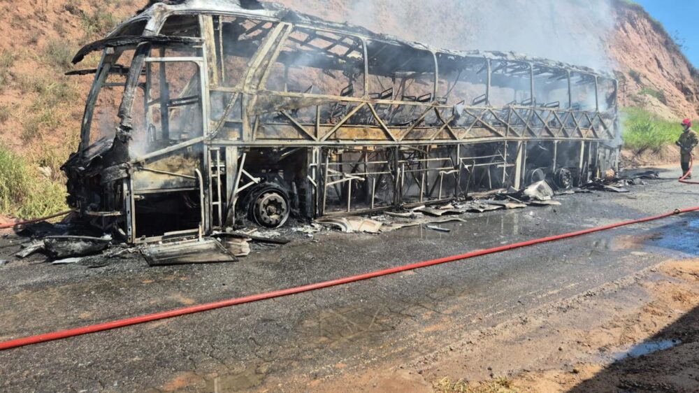 Incêndio destrói ônibus na MG-133, em Rio Pomba