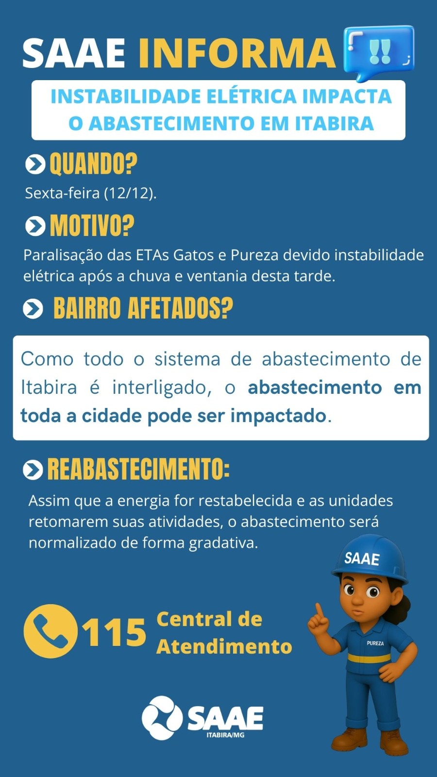 Temporal causa instabilidade, interrompe funcionamento de ETAs e afeta abastecimento de água em Itabira
