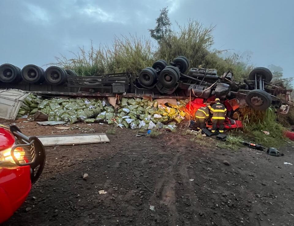 Carreta carregada de ração capota na BR-262 e motorista fica preso às ferragens em São Domingos do Prata
