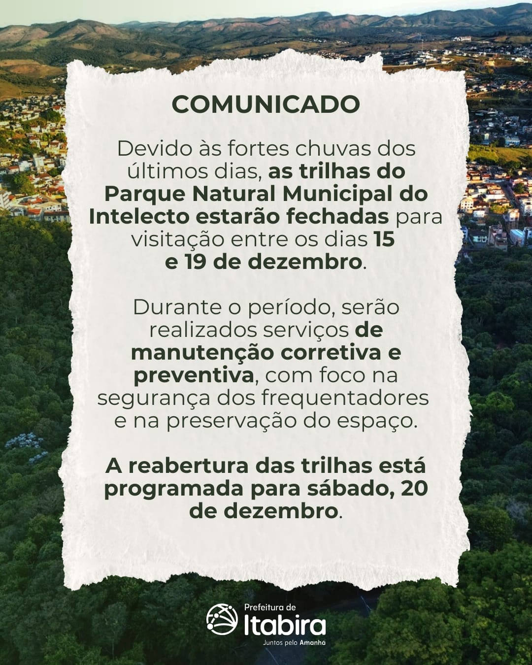 Trilhas do Parque Natural Municipal do Intelecto são fechadas após fortes chuvas em Itabira