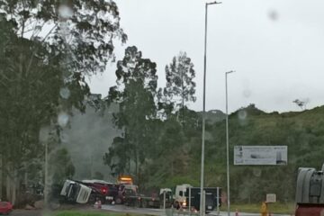Carreta com bois tomba e interdita totalmente a BR-381 em São Gonçalo do Rio Abaixo