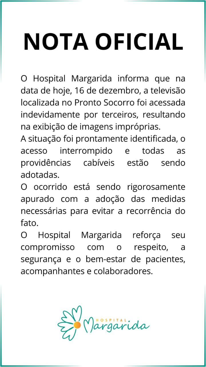 Filme pornográfico é exibido em TV da recepção do Hospital Margarida, em João Monlevade, e caso é investigado