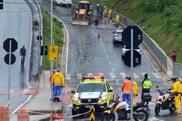 Afundamento interdita alça do Viaduto Teleférico em Contagem e obra pode atrasar por causa das chuvas