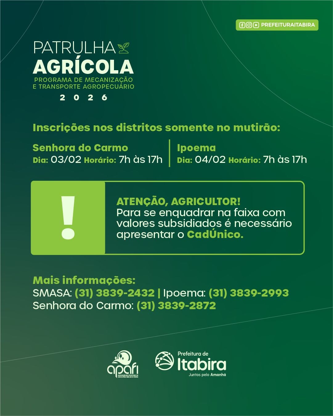 Inscrições para a Patrulha Agrícola seguem abertas em Itabira e seus distritos
