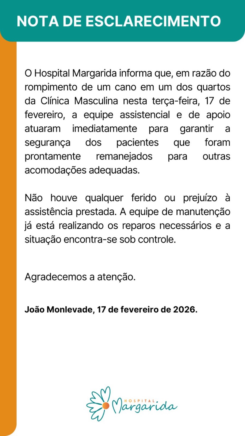 João Monlevade: teto da enfermaria masculina do Hospital Margarida cai após vazamento de água