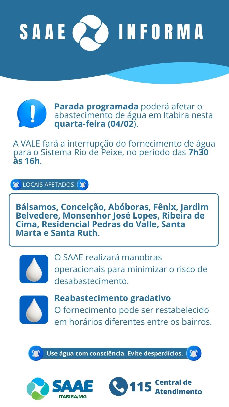 Manutenção da Vale pode deixar dez bairros de Itabira sem água nesta quarta-feira; saiba mais