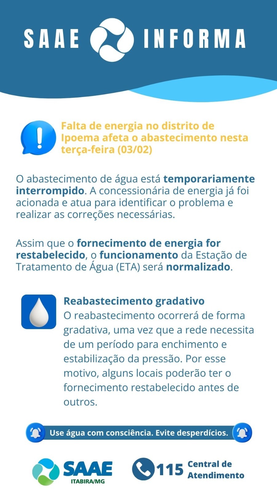 Falta de energia interrompe abastecimento de água em Ipoema nesta terça-feira