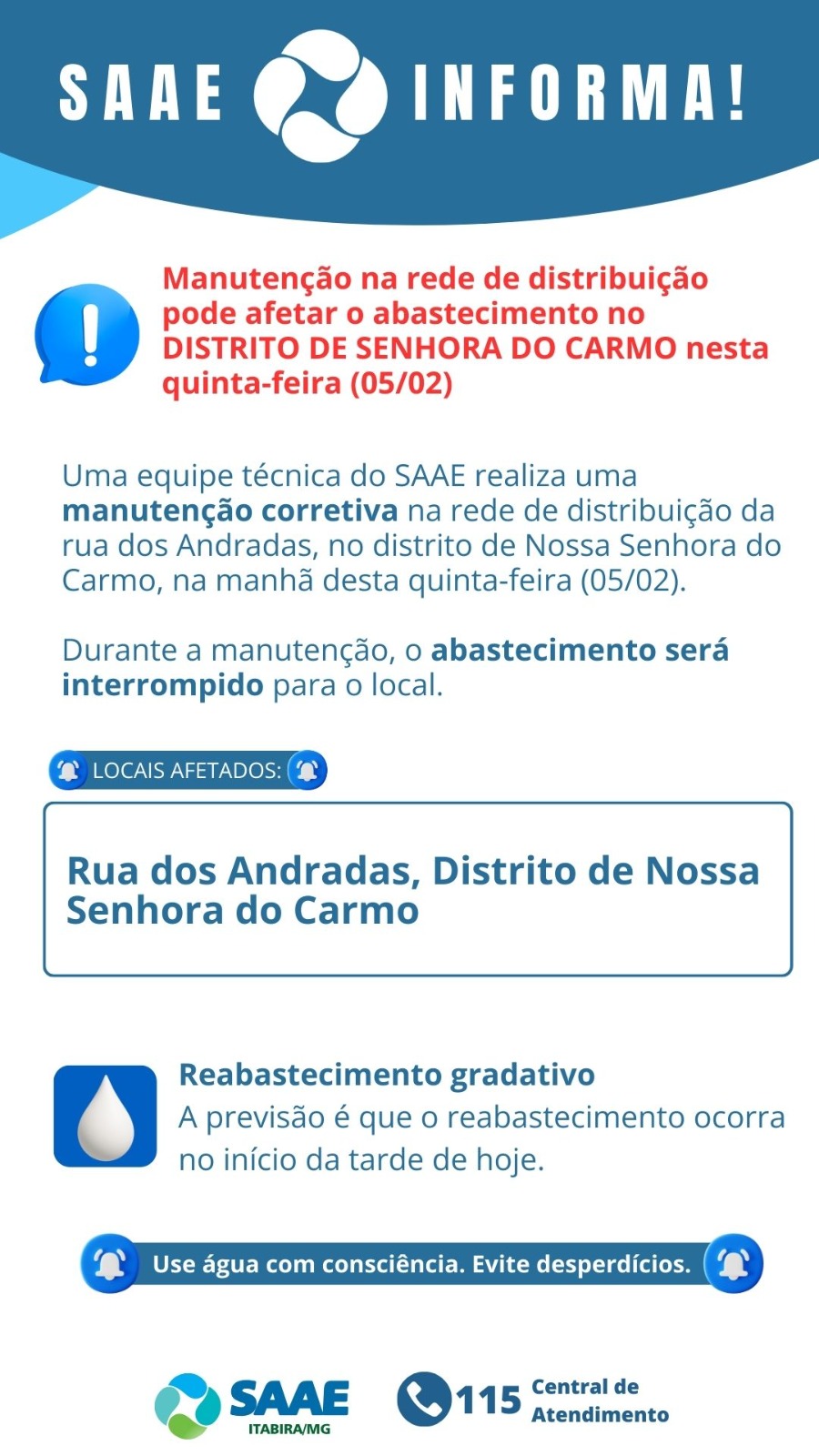 Manutenção pode afetar abastecimento de água no distrito de Senhora do Carmo nesta quinta-feira