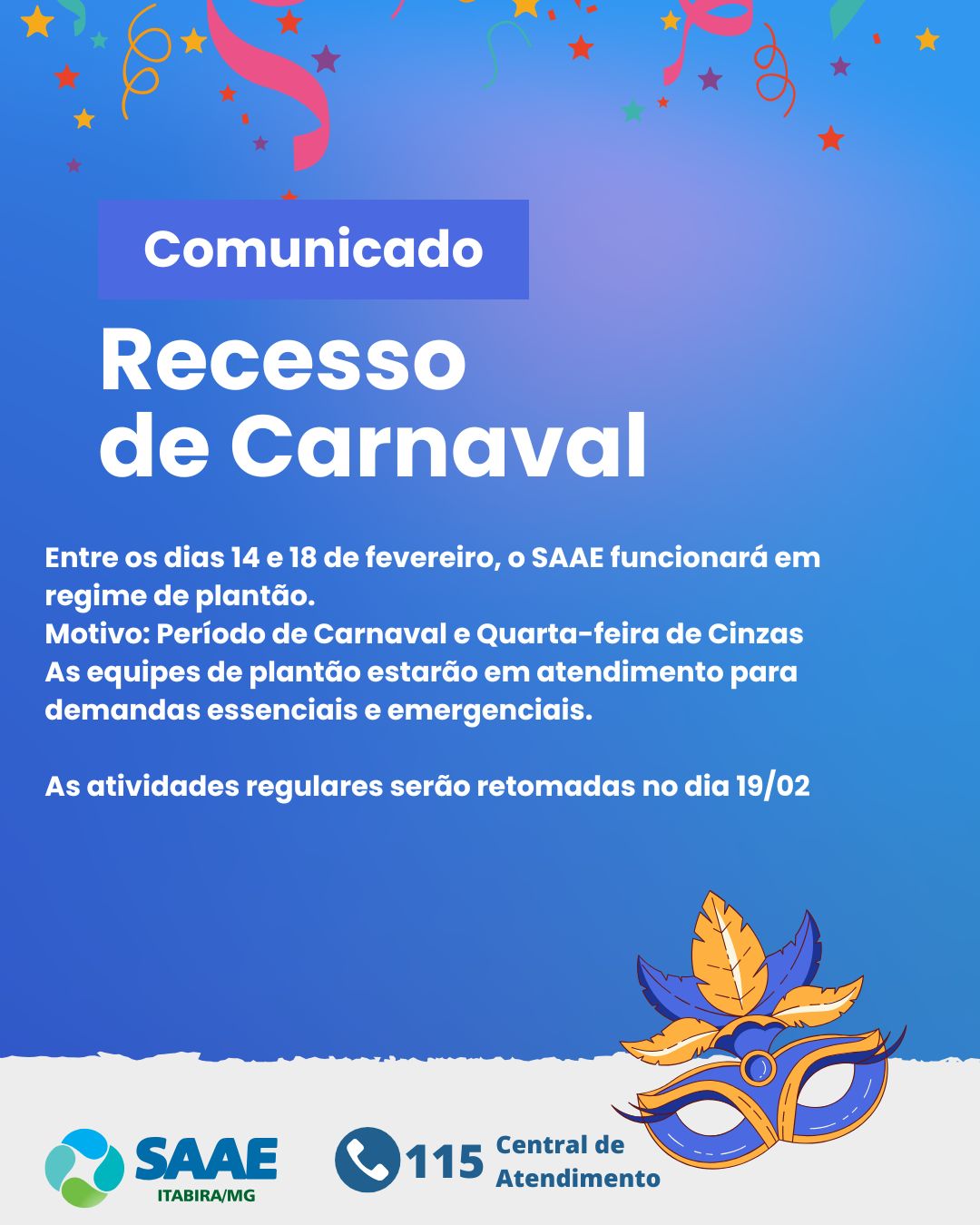 Serviços públicos municipais de Itabira terão funcionamento alterado no Carnaval; saiba mais