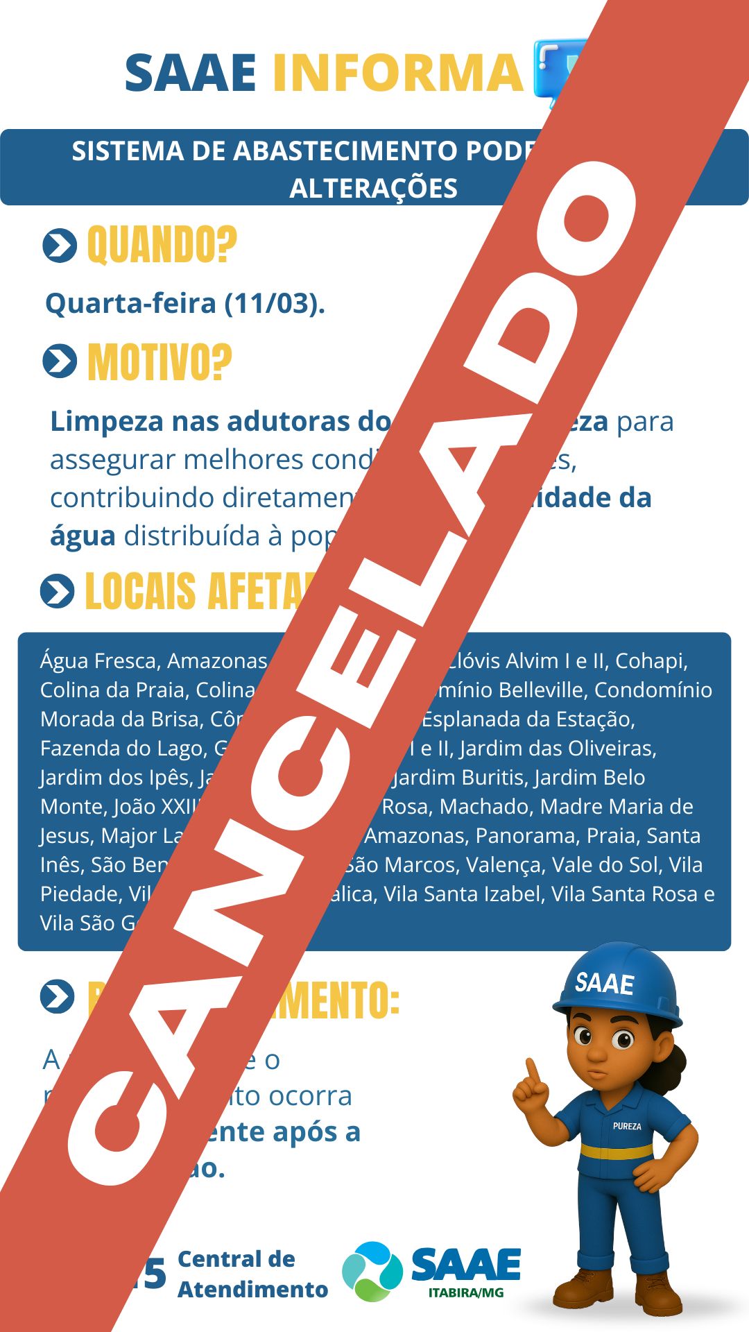 Itabira: prevista para esta quarta-feira, limpeza de adutoras do Sistema Pureza é cancelada pelo Saae