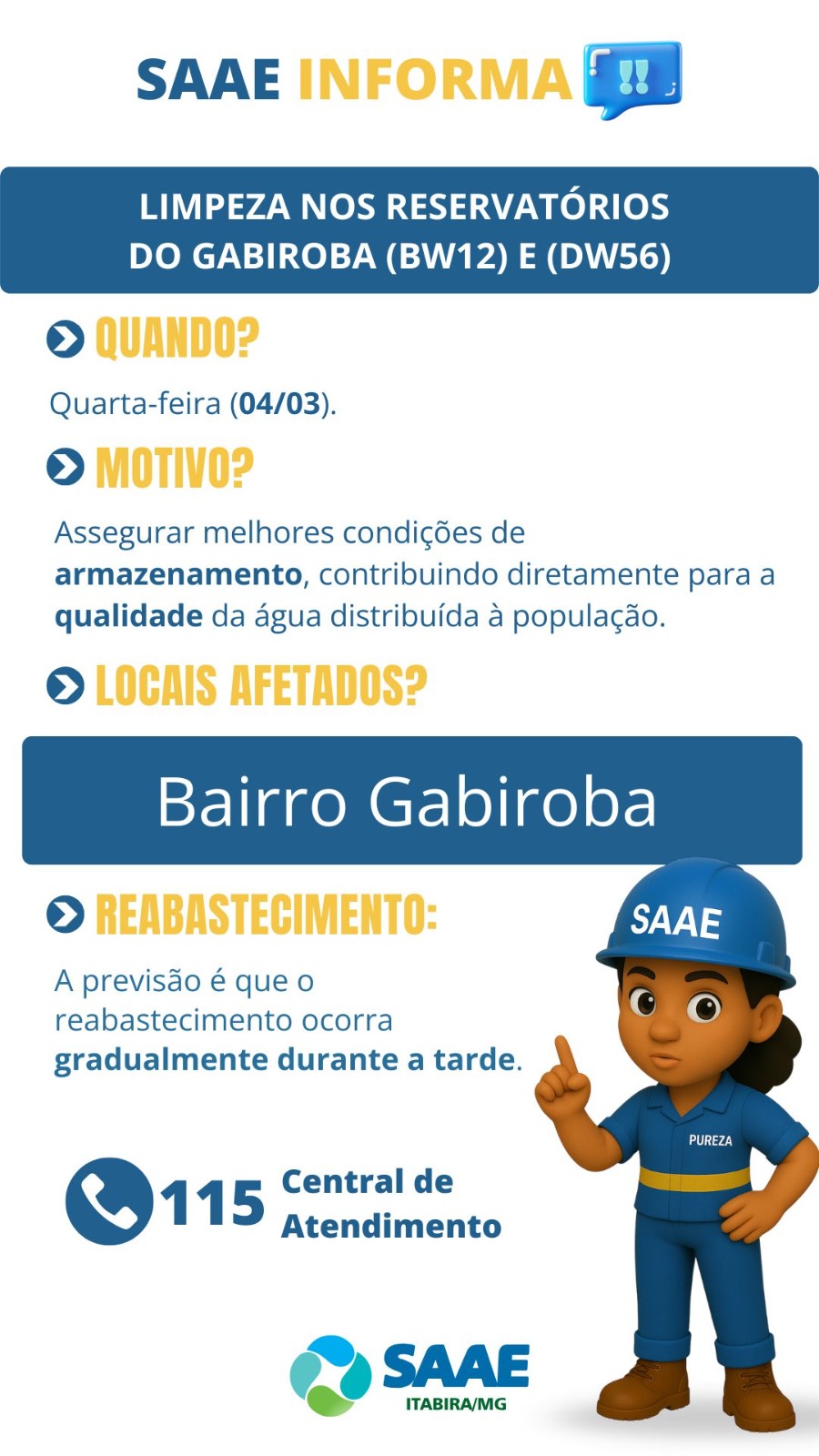 Itabira: reservatórios de água do bairro Gabiroba passam por higienização nesta quarta-feira 