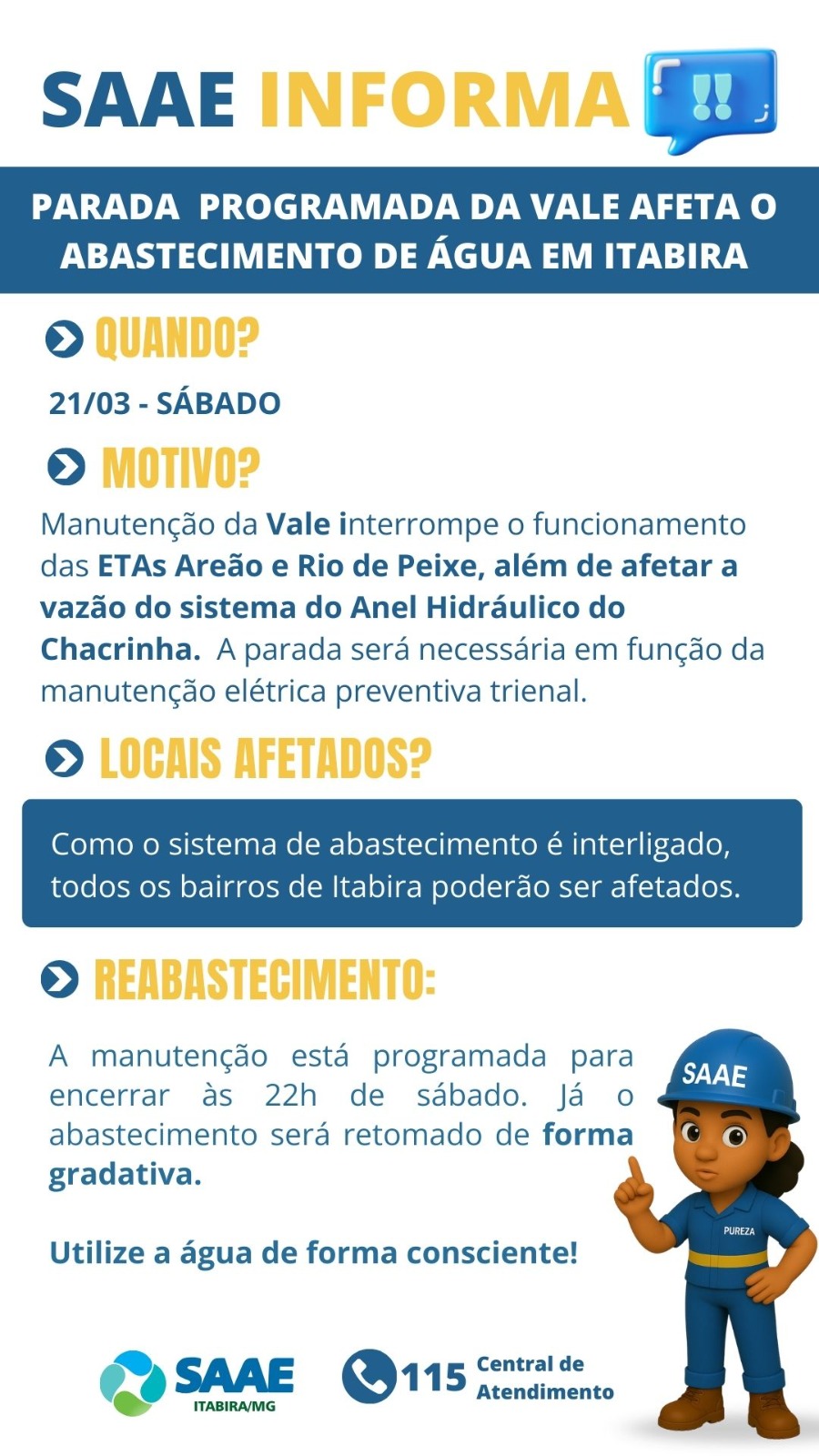 Manutenção da Vale pode afetar abastecimento de água em toda Itabira neste sábado
