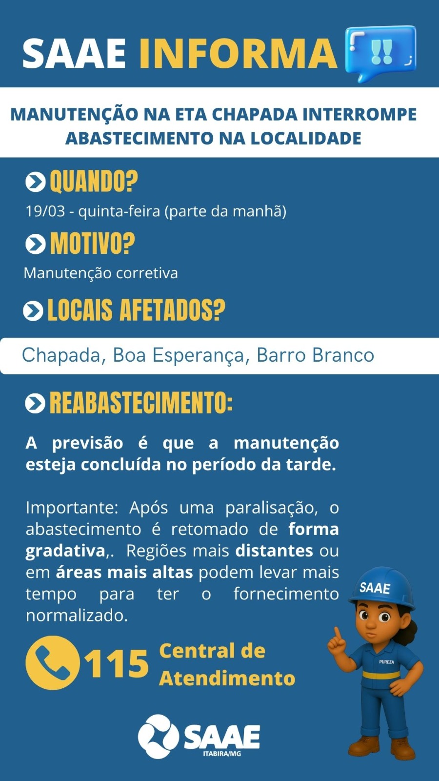 Itabira: manutenção emergencial interrompe abastecimento de água em três bairros nesta quinta-feira