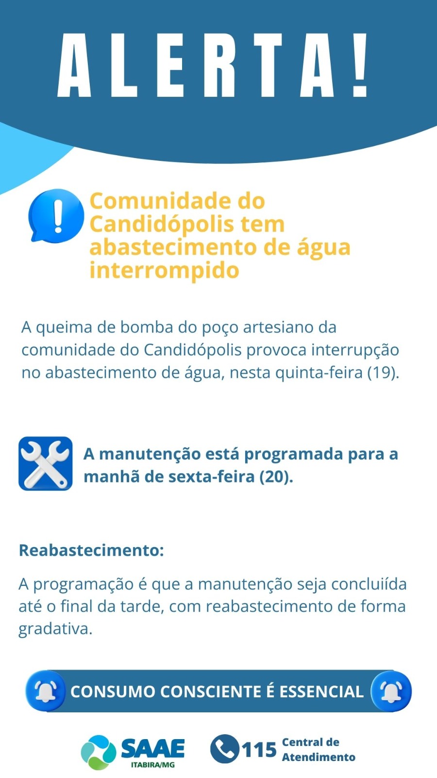 Itabira: queima de bomba interrompe abastecimento de água no Candidópolis; saiba mais