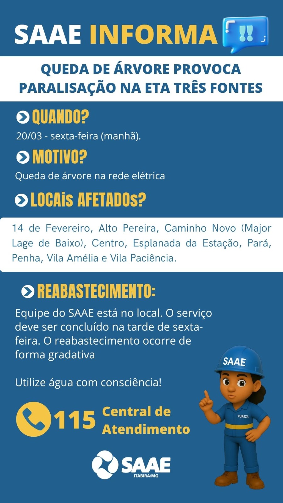 Queda de árvore interrompe operação da ETA Três Fontes e afeta abastecimento em Itabira; saiba mais