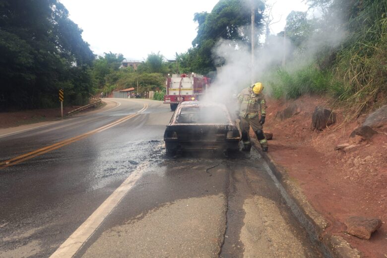Carro pega fogo após pane mecânica na MG-123, em Rio Piracicaba
