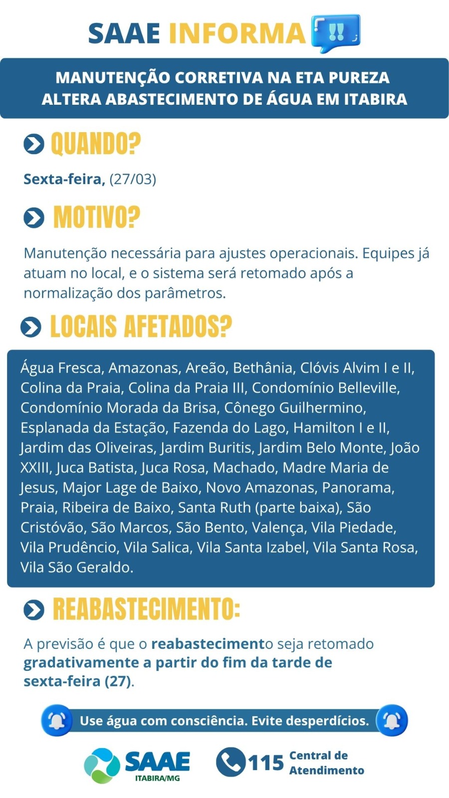 Manutenção na ETA Pureza pode afetar abastecimento de água em diversos bairros de Itabira nesta sexta-feira; saiba mais