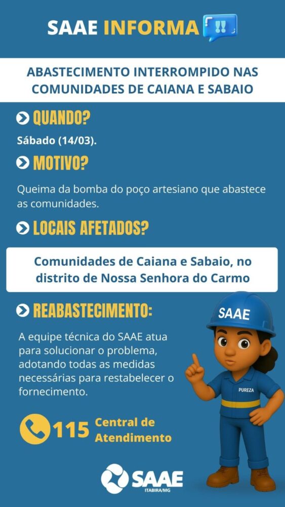Queima de bomba em poço artesiano afeta abastecimento em Caiana e Sabiao, informa SAAE