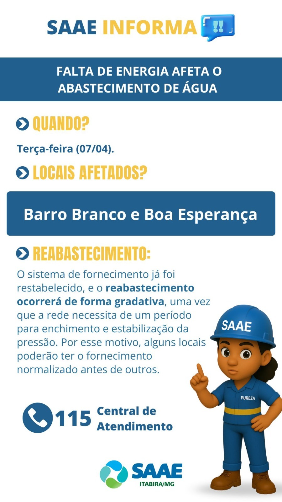 Itabira: queda de energia afeta abastecimento de água em nos bairros Barro Branco e Boa Esperança