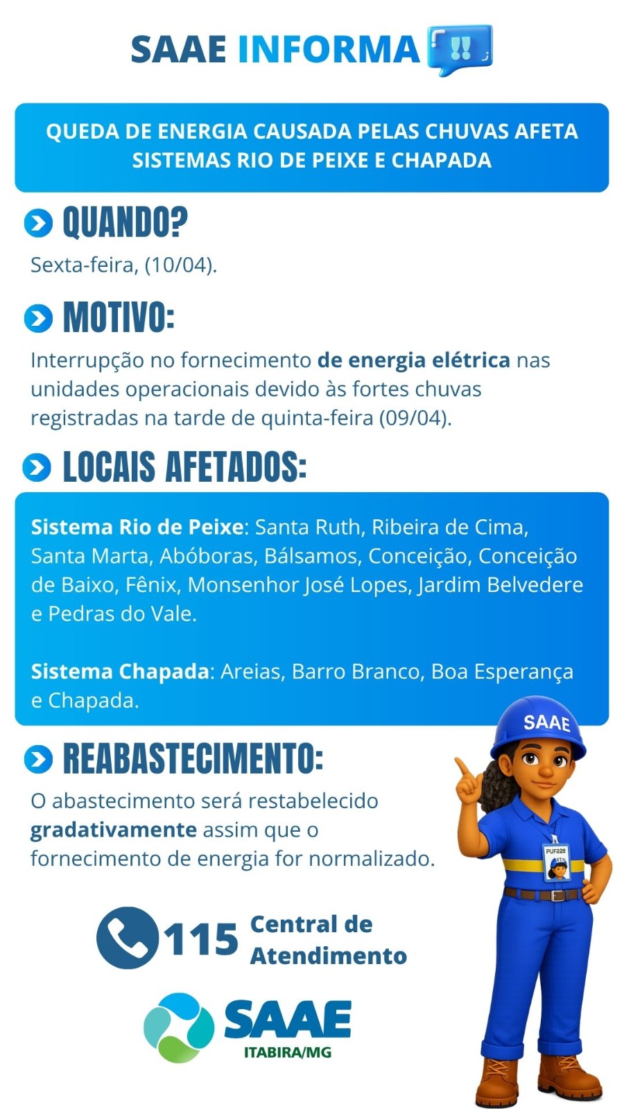 Queda de energia após fortes chuvas pode comprometer abastecimento de água em 15 bairros de Itabira