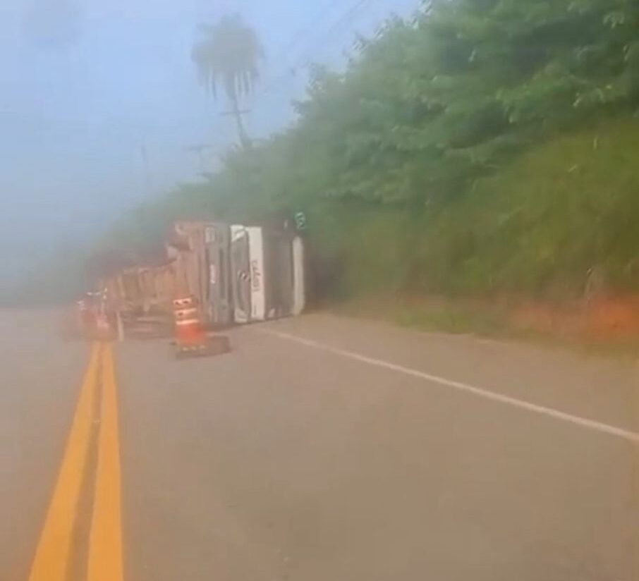 São Gonçalo: carreta carregada com eucaliptos tomba na MG-129, sentido Itabira