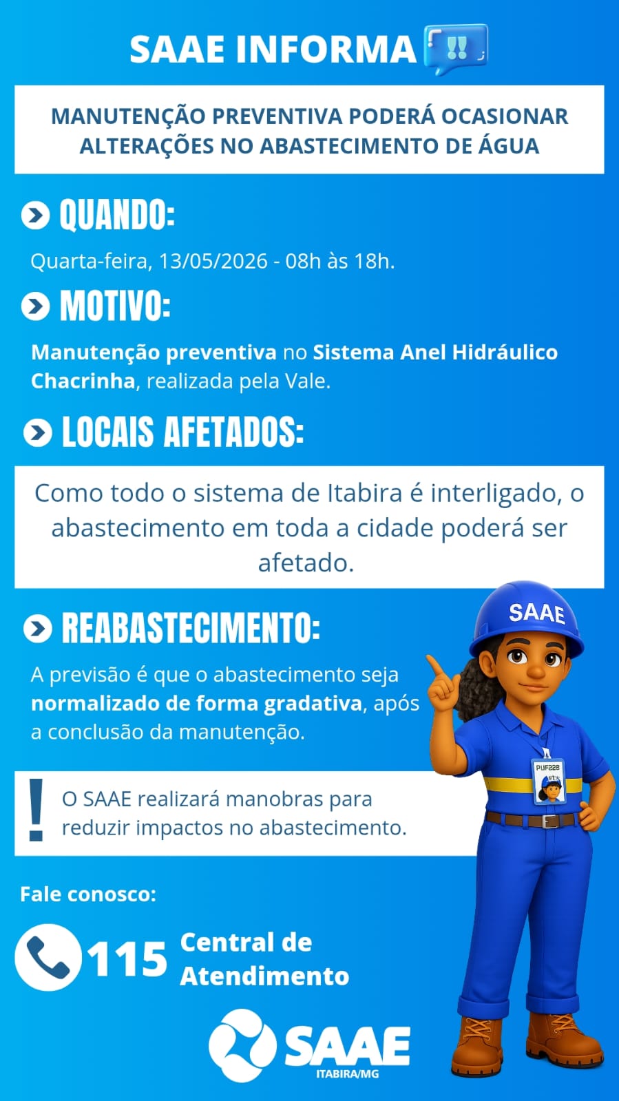 Manutenção da Vale pode afetar abastecimento de água em Itabira nesta quarta-feira