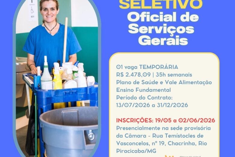 Câmara Municipal de Rio Piracicaba abre processo seletivo para contratação temporária de Oficial de Serviços Gerais